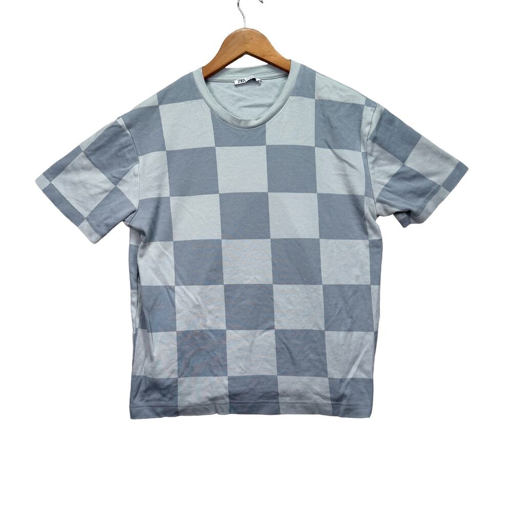 ZARA Men's Gray Oversized Checkered Pattern Designer T-Shirt Size M